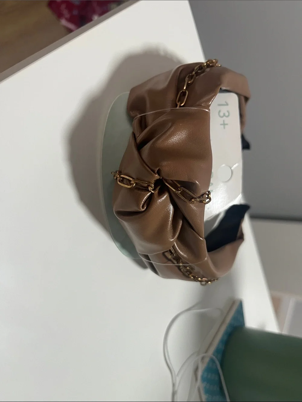 Brown Leather-Style Chain Accent Headband